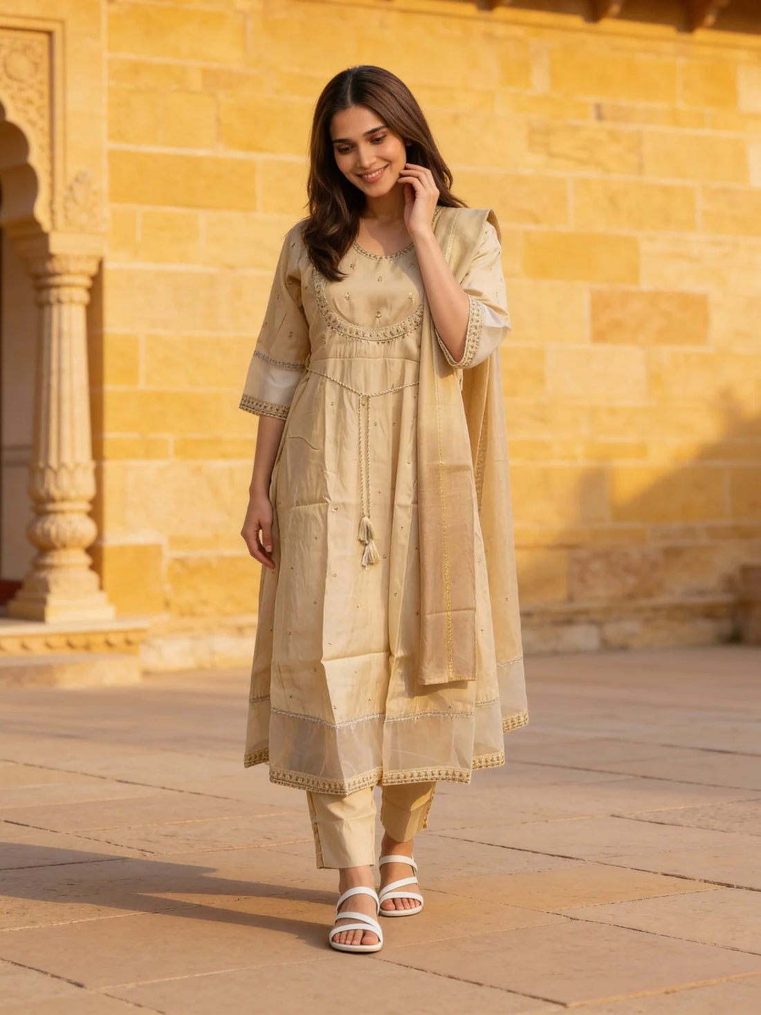 Buy Poly Viscose Embroidered  Anarkali Calf Length Kurta With Pant and Dupatta-Beige