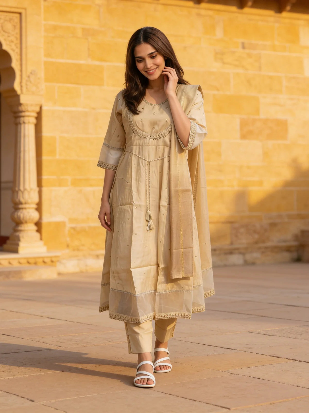 Buy Poly Viscose Embroidered  Anarkali Calf Length Kurta With Pant and Dupatta-Beige