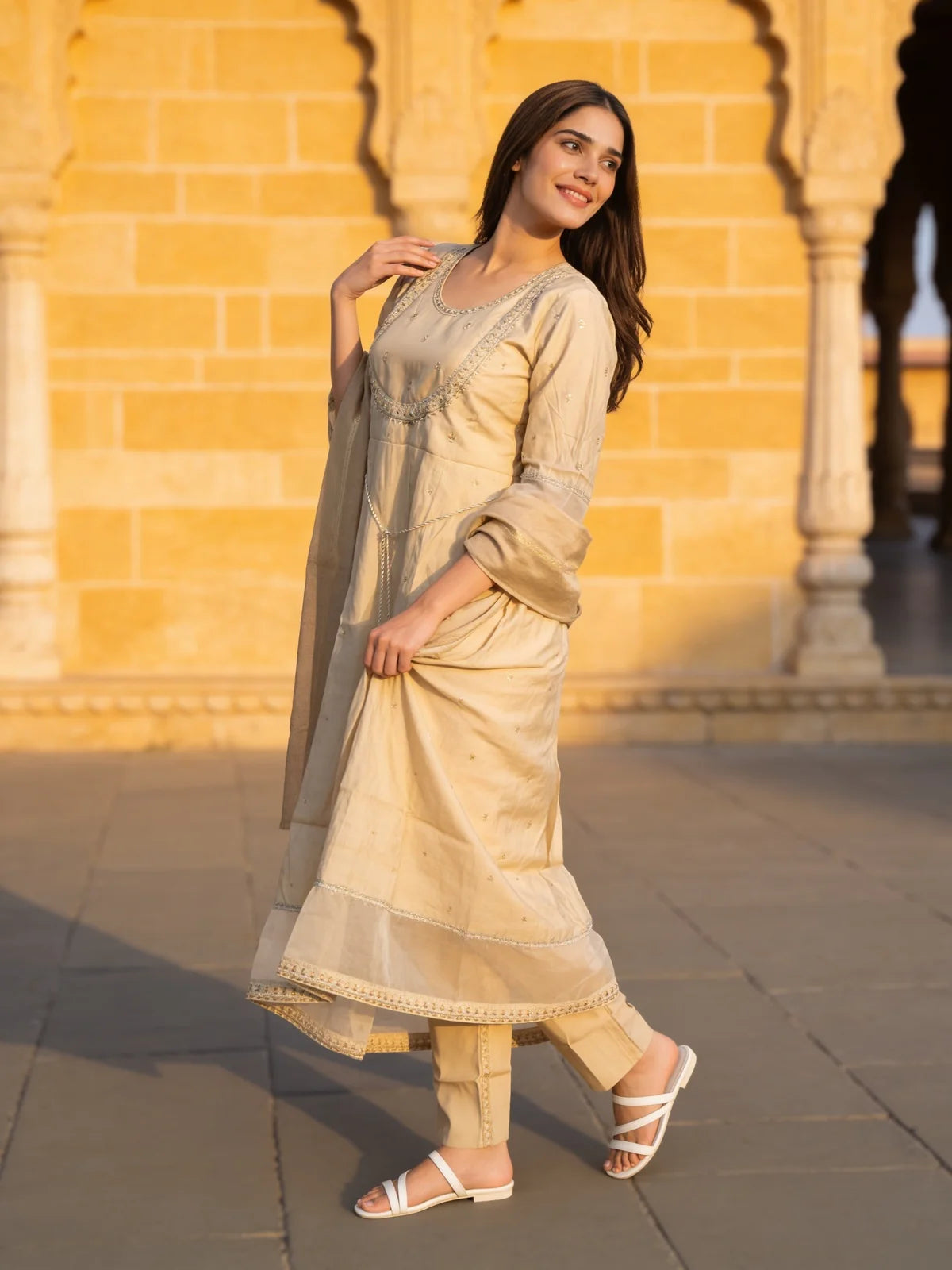 Buy Poly Viscose Embroidered  Anarkali Calf Length Kurta With Pant and Dupatta-Beige