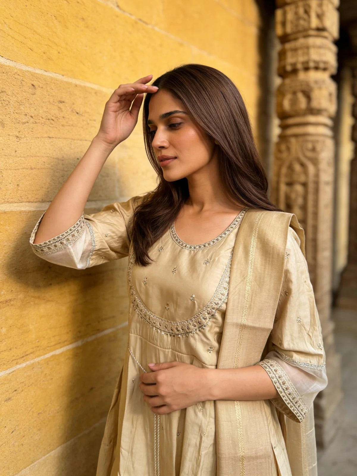 Buy Poly Viscose Embroidered  Anarkali Calf Length Kurta With Pant and Dupatta-Beige