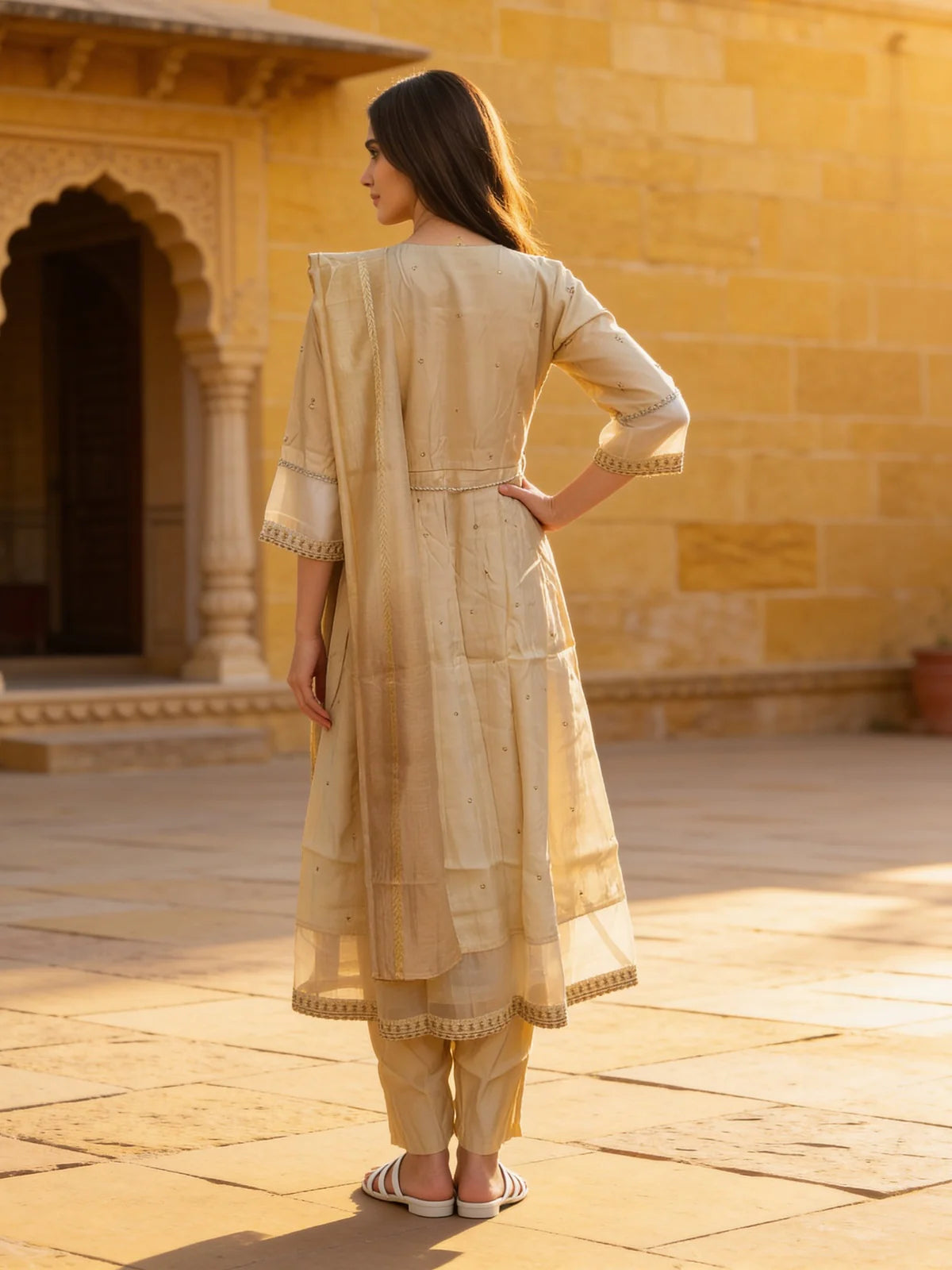 Buy Poly Viscose Embroidered  Anarkali Calf Length Kurta With Pant and Dupatta-Beige