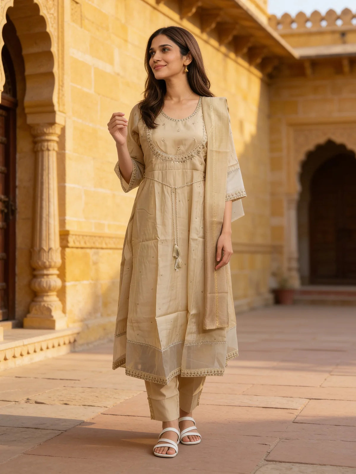 Buy Poly Viscose Embroidered  Anarkali Calf Length Kurta With Pant and Dupatta-Beige
