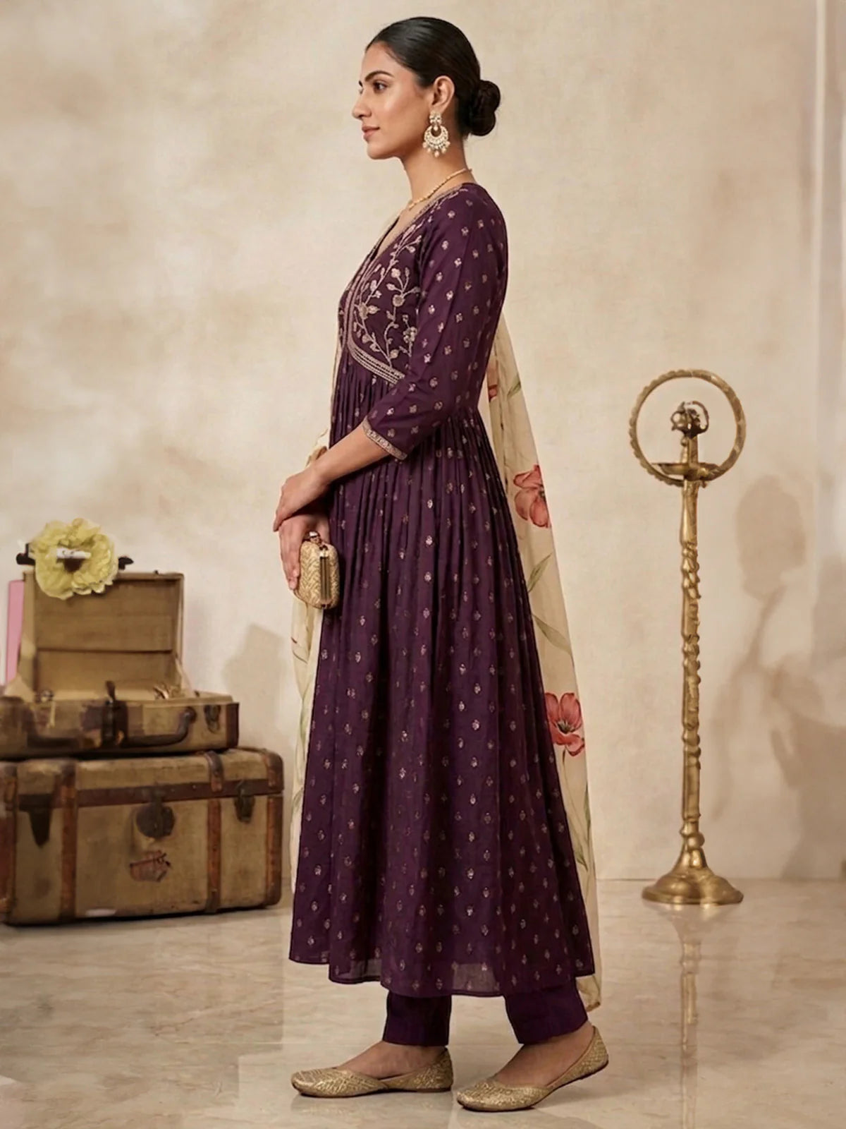 Buy Rayon Embroidered  Anarkali Calf Length Kurta With Pant and Dupatta-Wine