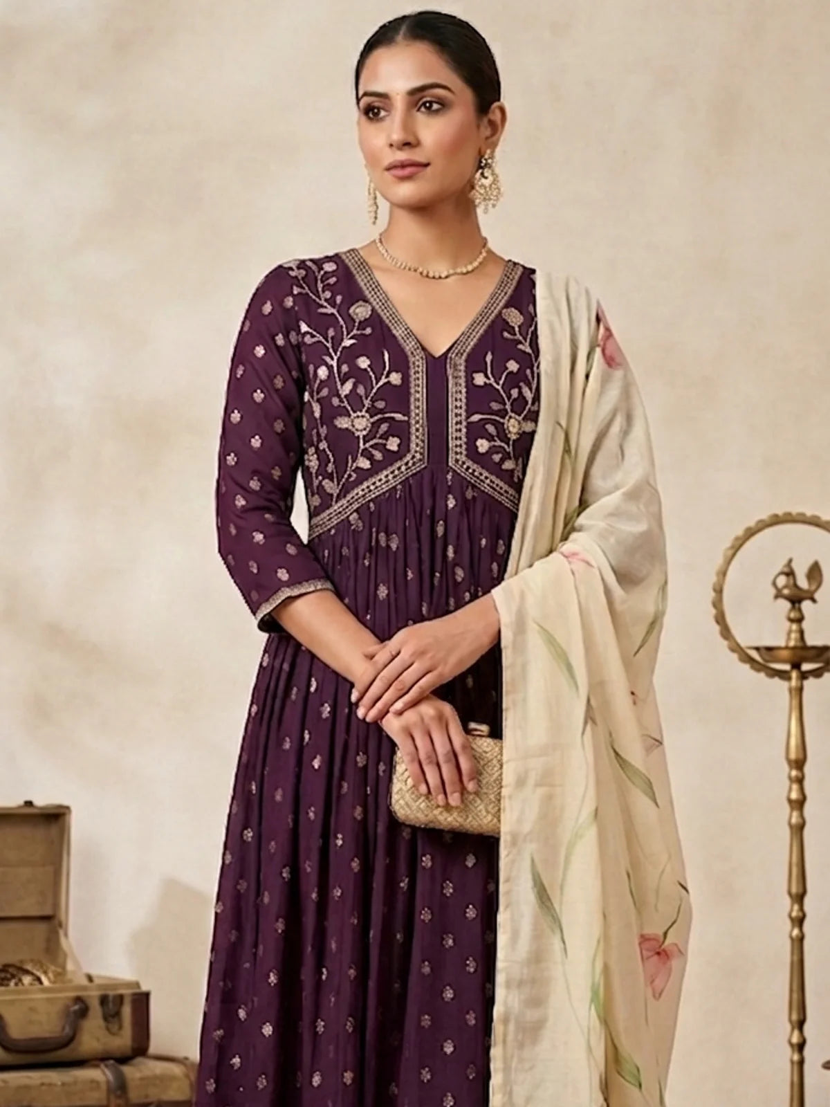 Buy Rayon Embroidered  Anarkali Calf Length Kurta With Pant and Dupatta-Wine
