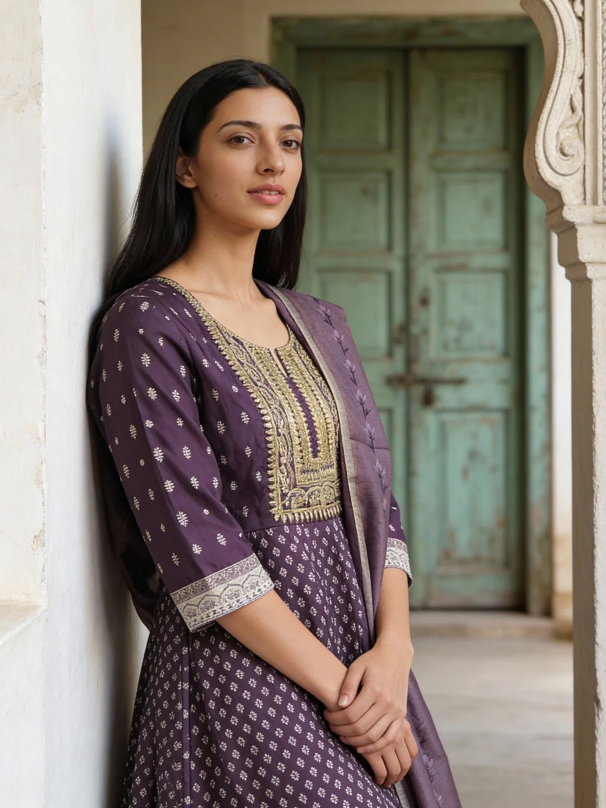 Buy Poly Viscose Embroidered Anarkali Calf Length Kurta and Pant With Dupatta-Purple