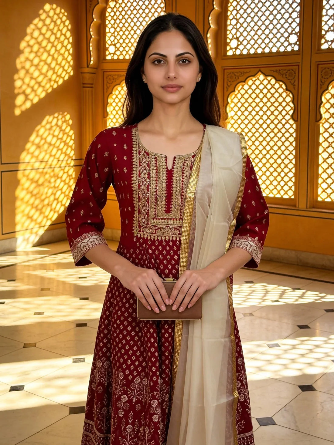 Buy Poly Viscose Embroidered Anarkali Calf Length Kurta with Pant and Dupatta-Fuchsia