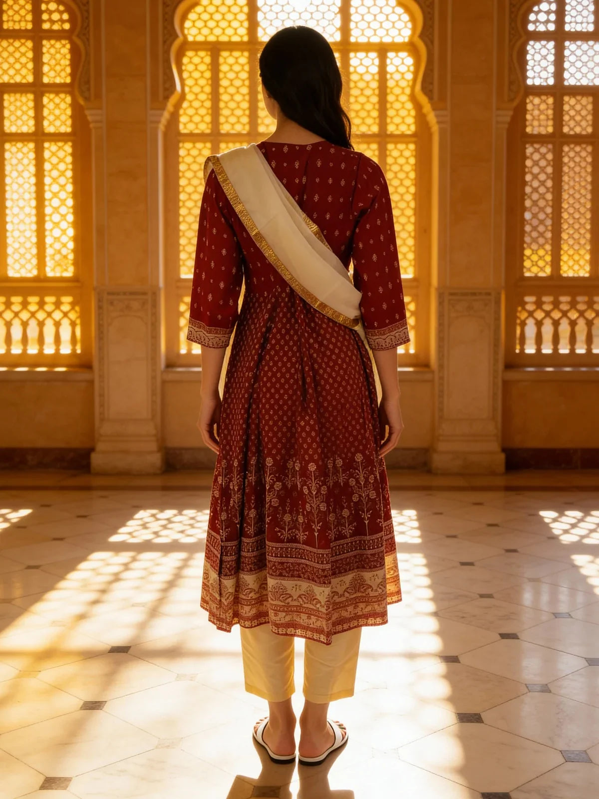 Buy Poly Viscose Embroidered Anarkali Calf Length Kurta with Pant and Dupatta-Fuchsia