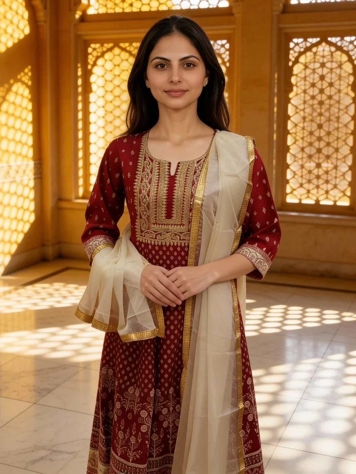 Buy Poly Viscose Embroidered Anarkali Calf Length Kurta with Pant and Dupatta-Fuchsia