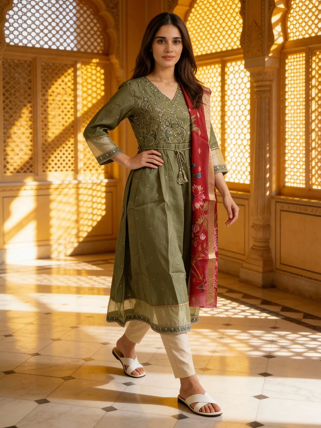 Buy Poly Viscose Embroidered Anarkali Calf Length Kurta with Pant and Dupatta-Light Green