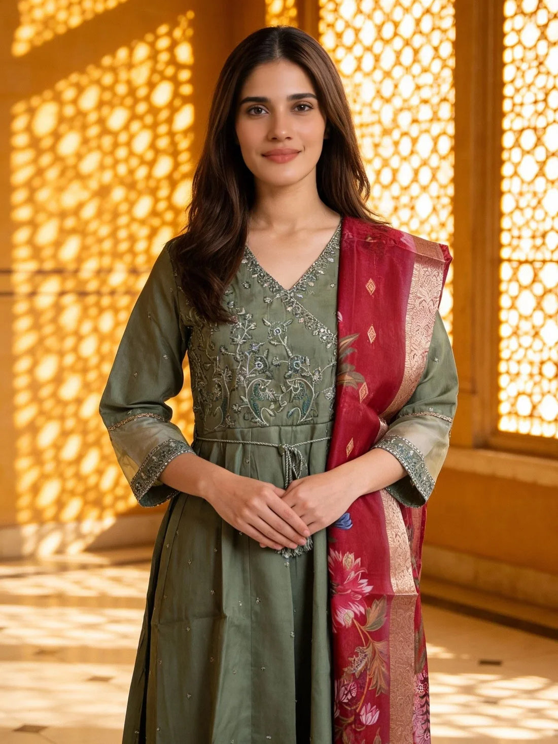 Buy Poly Viscose Embroidered Anarkali Calf Length Kurta with Pant and Dupatta-Light Green