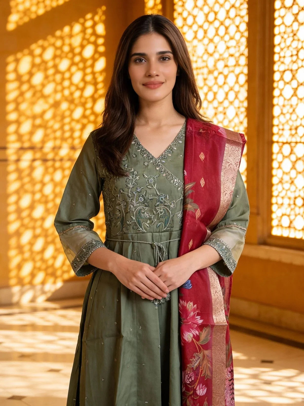 Buy Poly Viscose Embroidered Anarkali Calf Length Kurta with Pant and Dupatta-Light Green