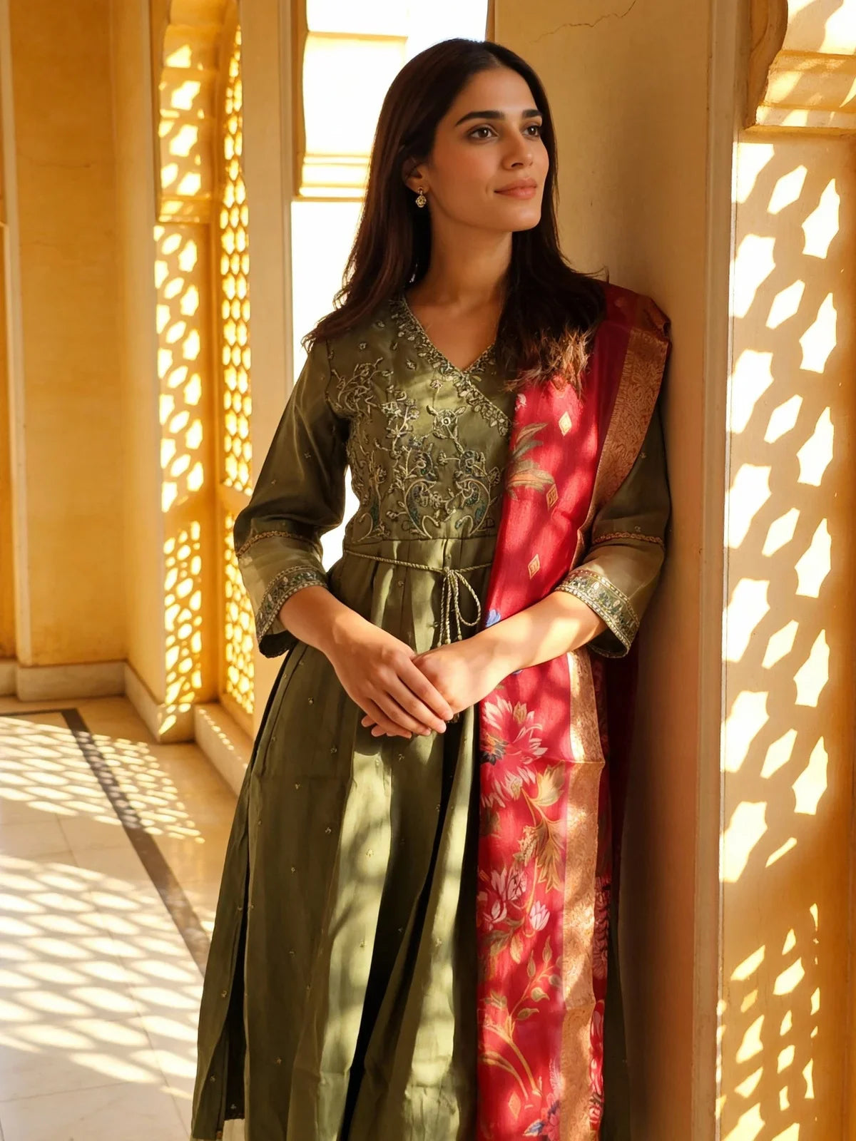 Buy Poly Viscose Embroidered Anarkali Calf Length Kurta with Pant and Dupatta-Light Green