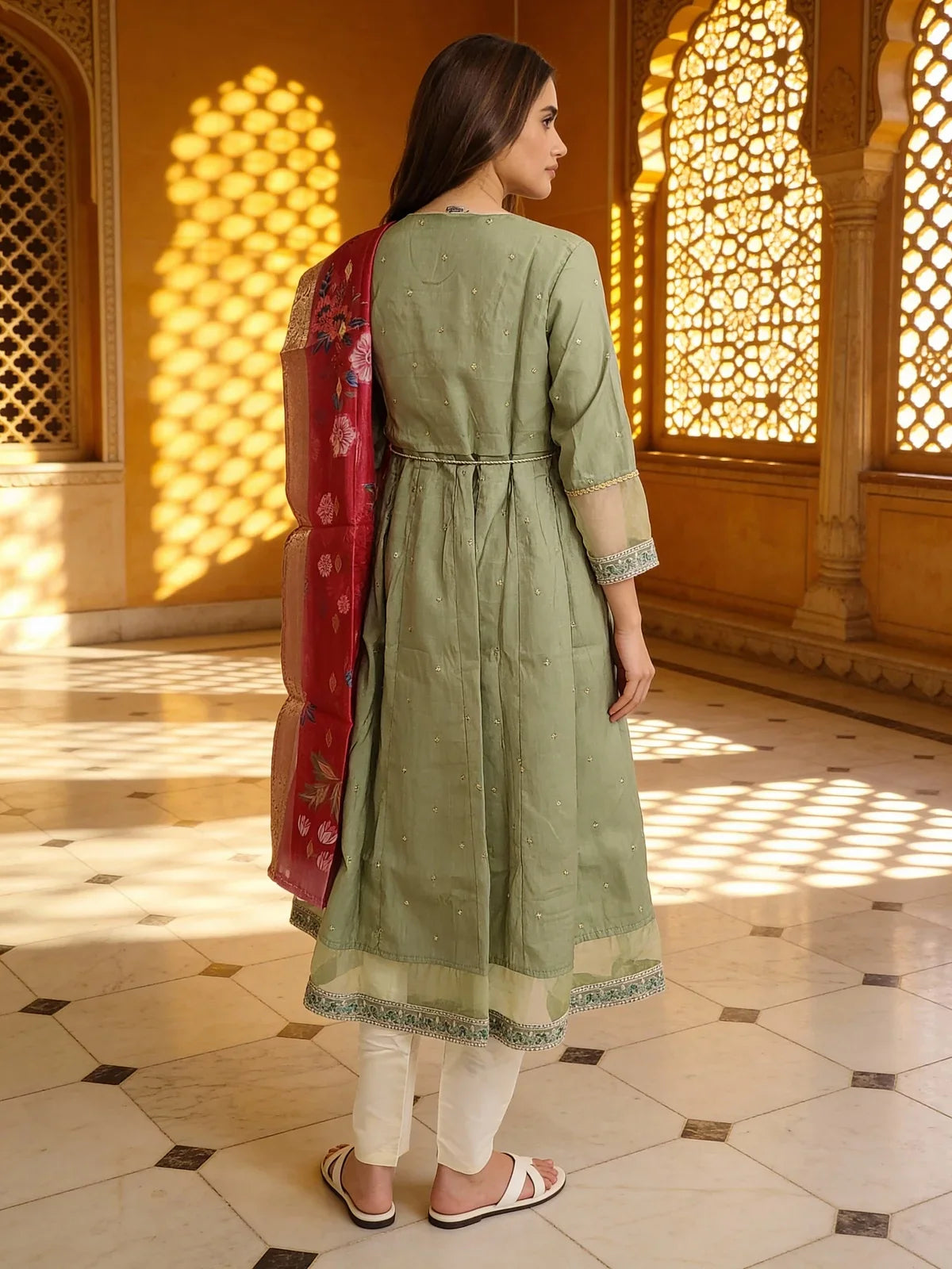 Buy Poly Viscose Embroidered Anarkali Calf Length Kurta with Pant and Dupatta-Light Green