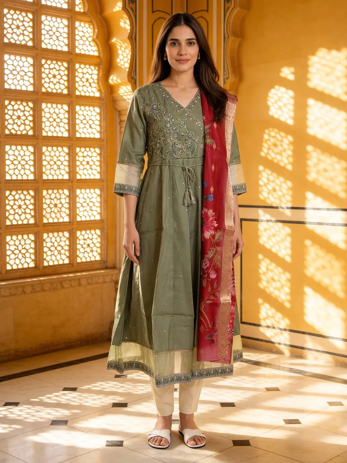Buy Poly Viscose Embroidered Anarkali Calf Length Kurta with Pant and Dupatta-Light Green