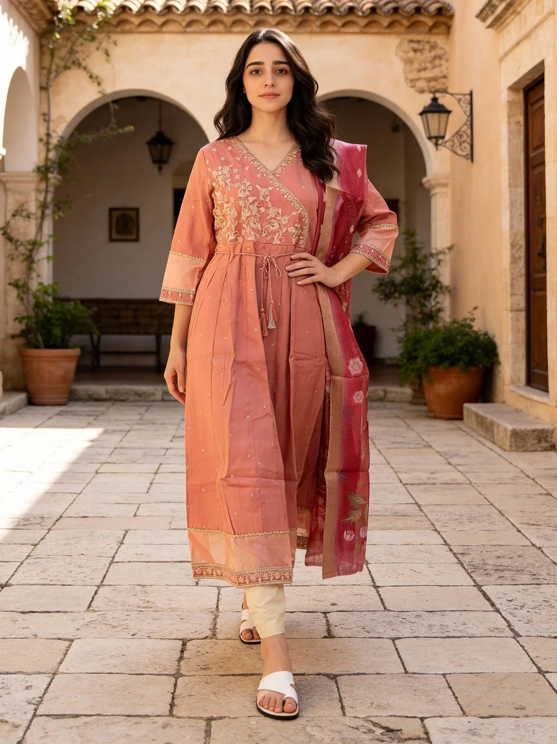 Buy Poly Viscose Embroidered Anarkali Calf Length Kurta with Pant and Dupatta-Pink