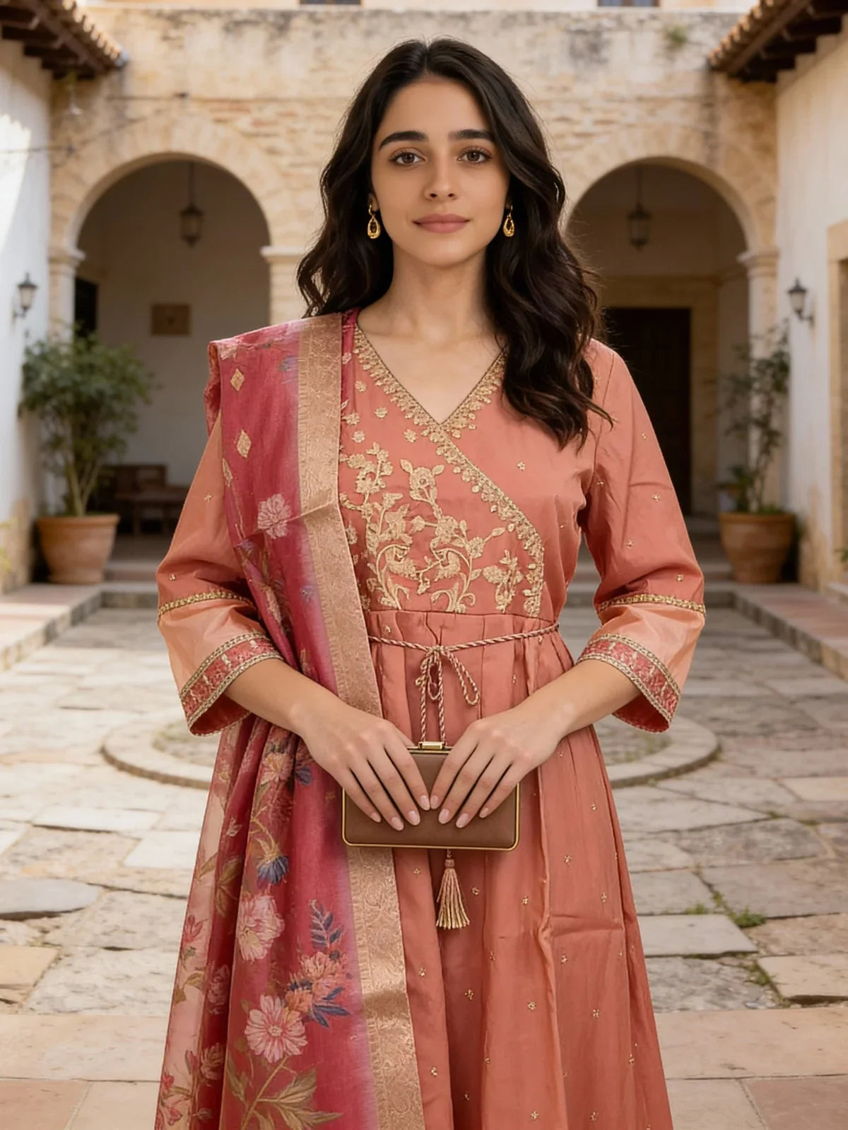 Buy Poly Viscose Embroidered Anarkali Calf Length Kurta with Pant and Dupatta-Pink