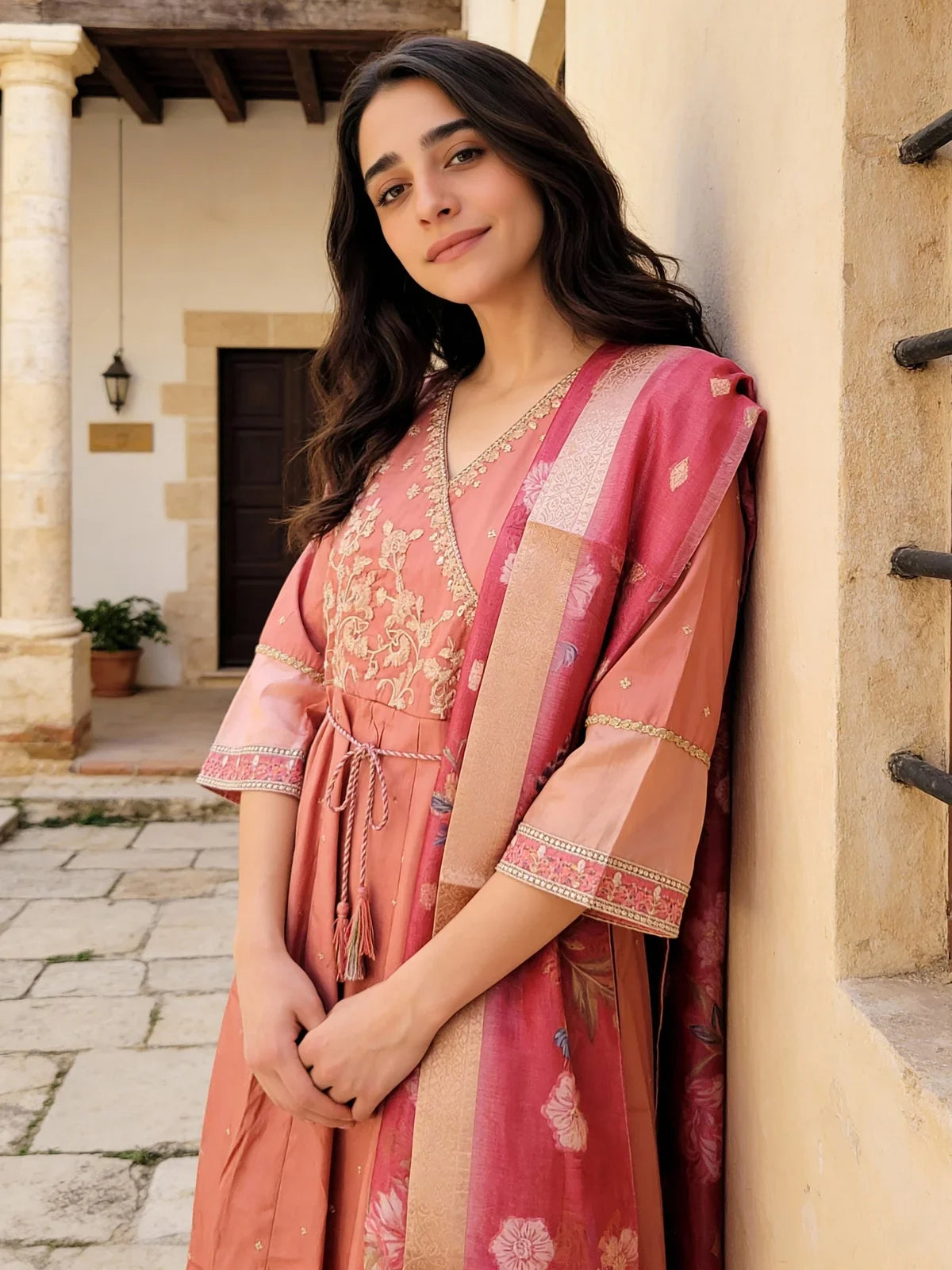 Buy Poly Viscose Embroidered Anarkali Calf Length Kurta with Pant and Dupatta-Pink