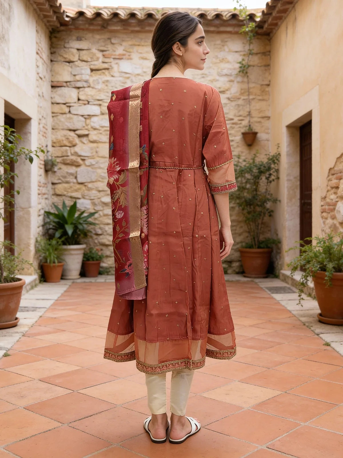 Buy Poly Viscose Embroidered Anarkali Calf Length Kurta with Pant and Dupatta-Pink