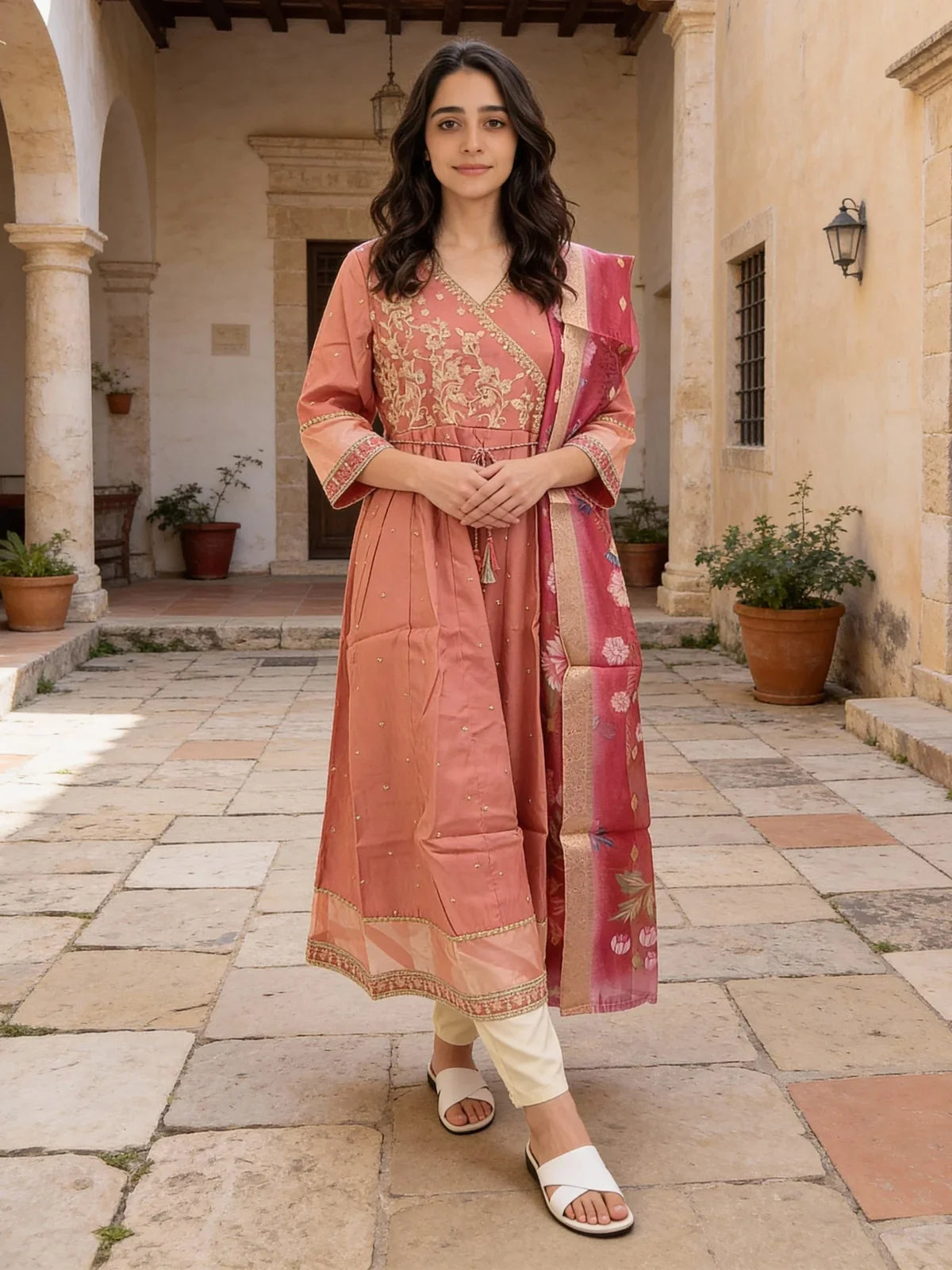 Buy Poly Viscose Embroidered Anarkali Calf Length Kurta with Pant and Dupatta-Pink
