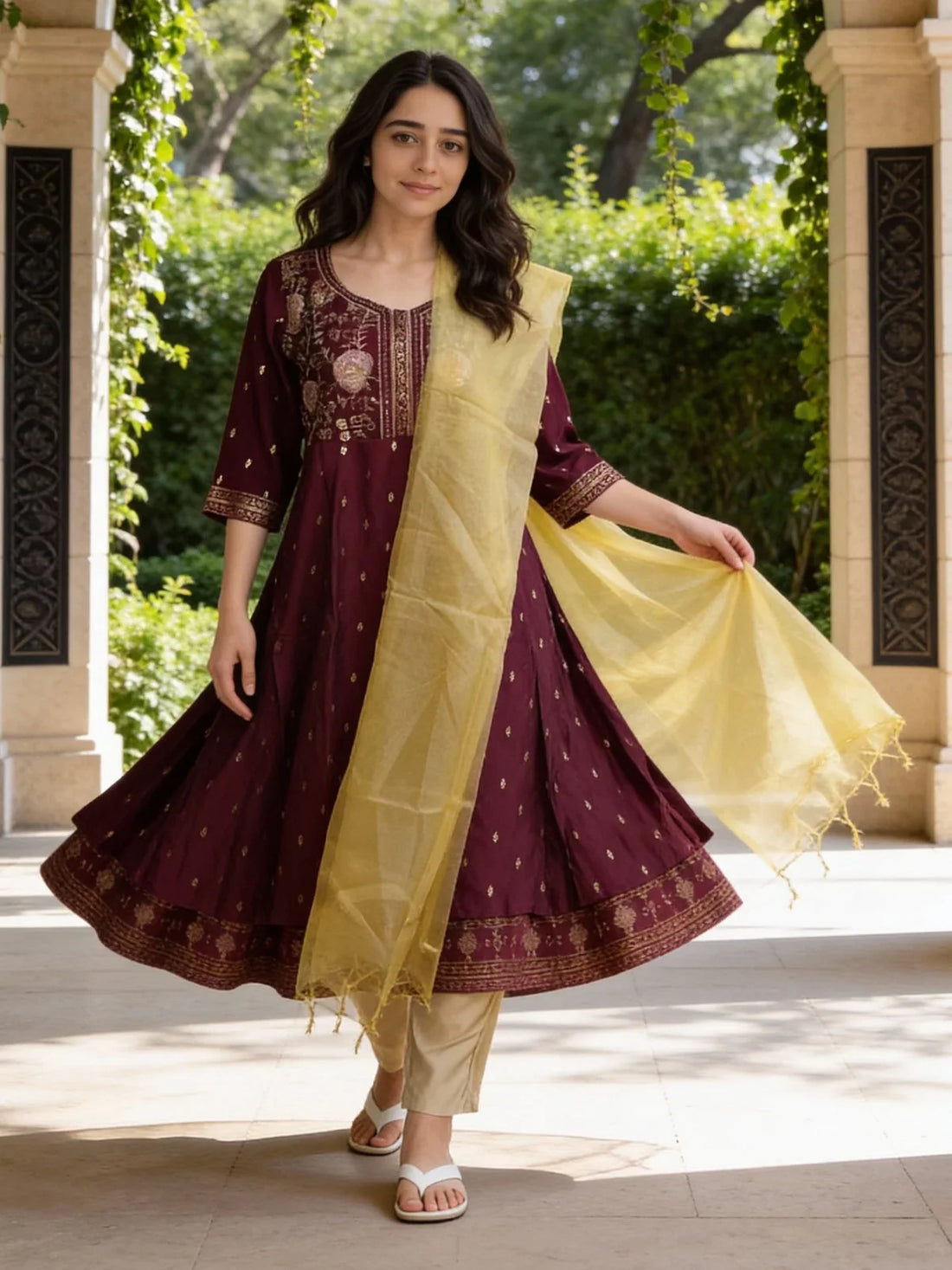 Buy Poly Viscose Embroidered Anarkali Calf Length Kurta with Pant and Dupatta-Wine