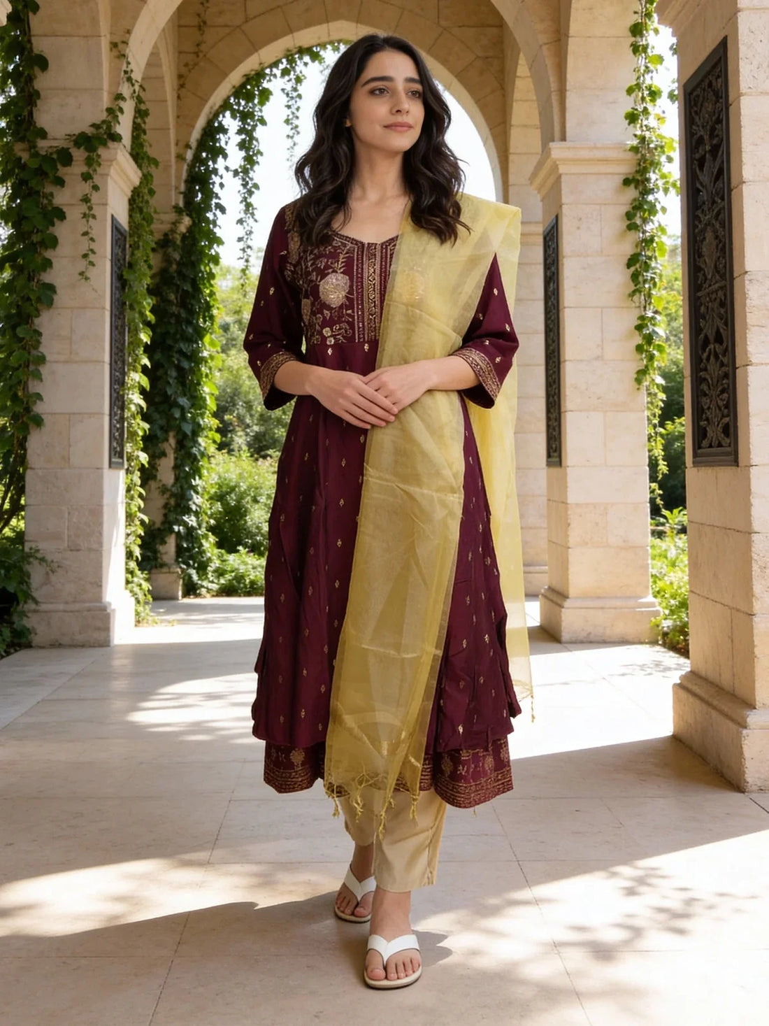 Buy Poly Viscose Embroidered Anarkali Calf Length Kurta with Pant and Dupatta-Wine