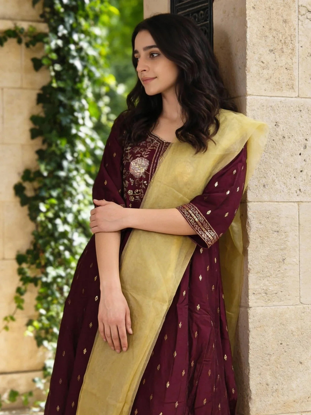 Buy Poly Viscose Embroidered Anarkali Calf Length Kurta with Pant and Dupatta-Wine