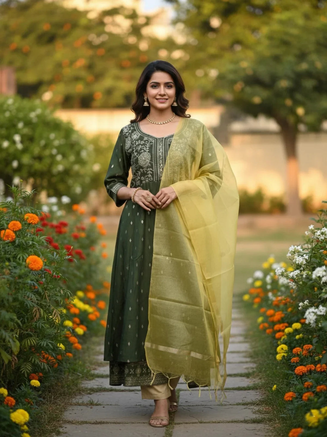 Buy Poly Viscose Embroidered Anarkali Calf Length Kurta with Pant and Dupatta-Green
