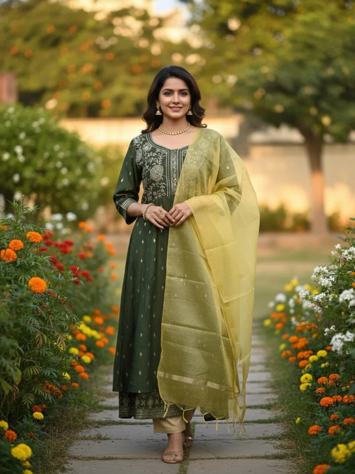 Buy Poly Viscose Embroidered Anarkali Calf Length Kurta with Pant and Dupatta-Green