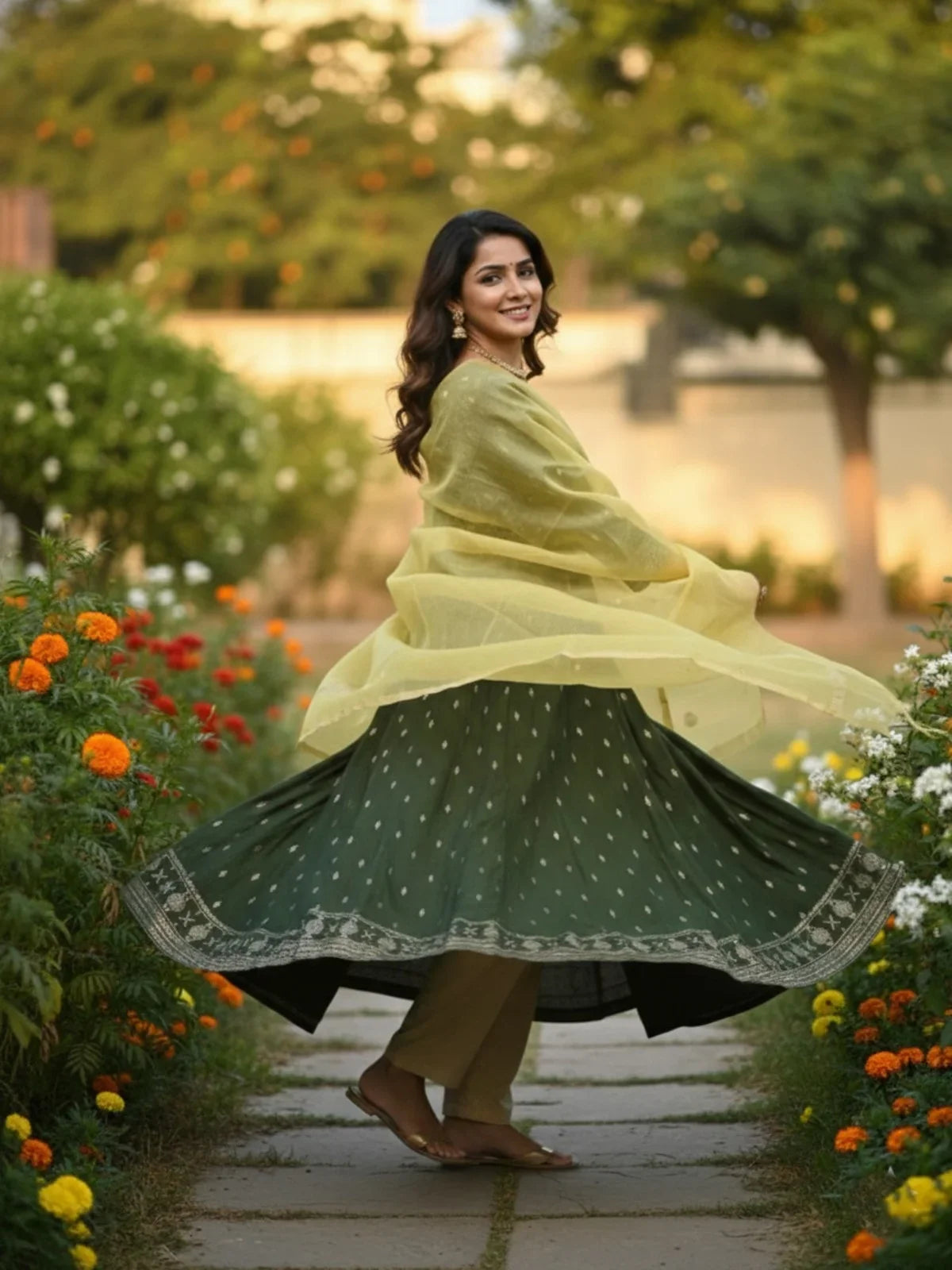 Buy Poly Viscose Embroidered Anarkali Calf Length Kurta with Pant and Dupatta-Green