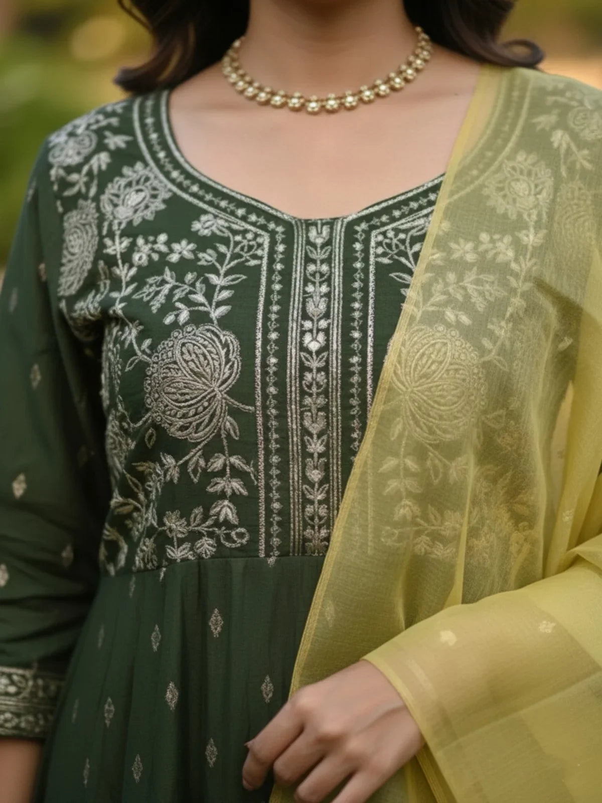 Buy Poly Viscose Embroidered Anarkali Calf Length Kurta with Pant and Dupatta-Green