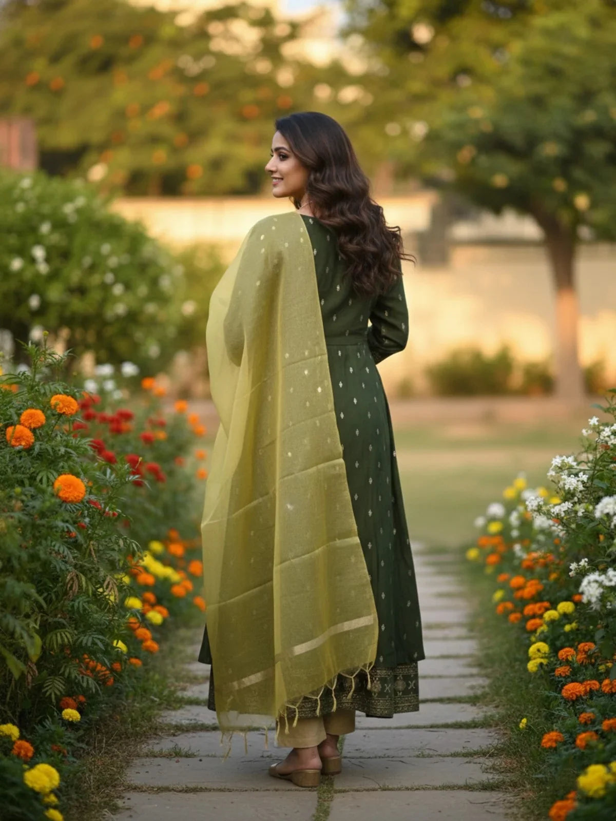 Buy Poly Viscose Embroidered Anarkali Calf Length Kurta with Pant and Dupatta-Green