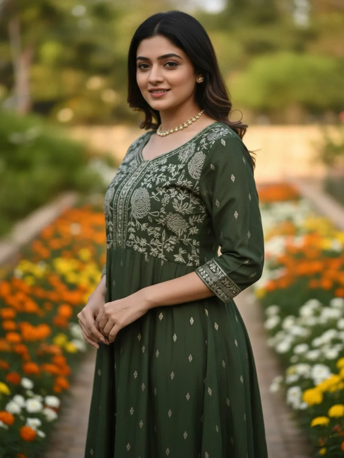 Buy Poly Viscose Embroidered Anarkali Calf Length Kurta with Pant and Dupatta-Green