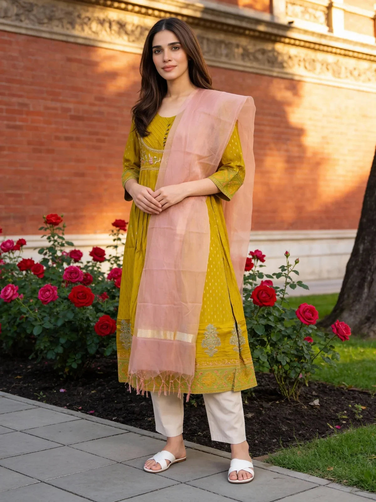 Buy Poly Viscose Embroidered Anarkali Calf Length Kurta and Pant with Dupatta-Yellow