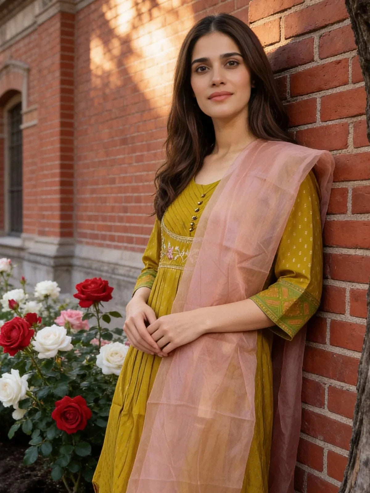 Buy Poly Viscose Embroidered Anarkali Calf Length Kurta and Pant with Dupatta-Yellow