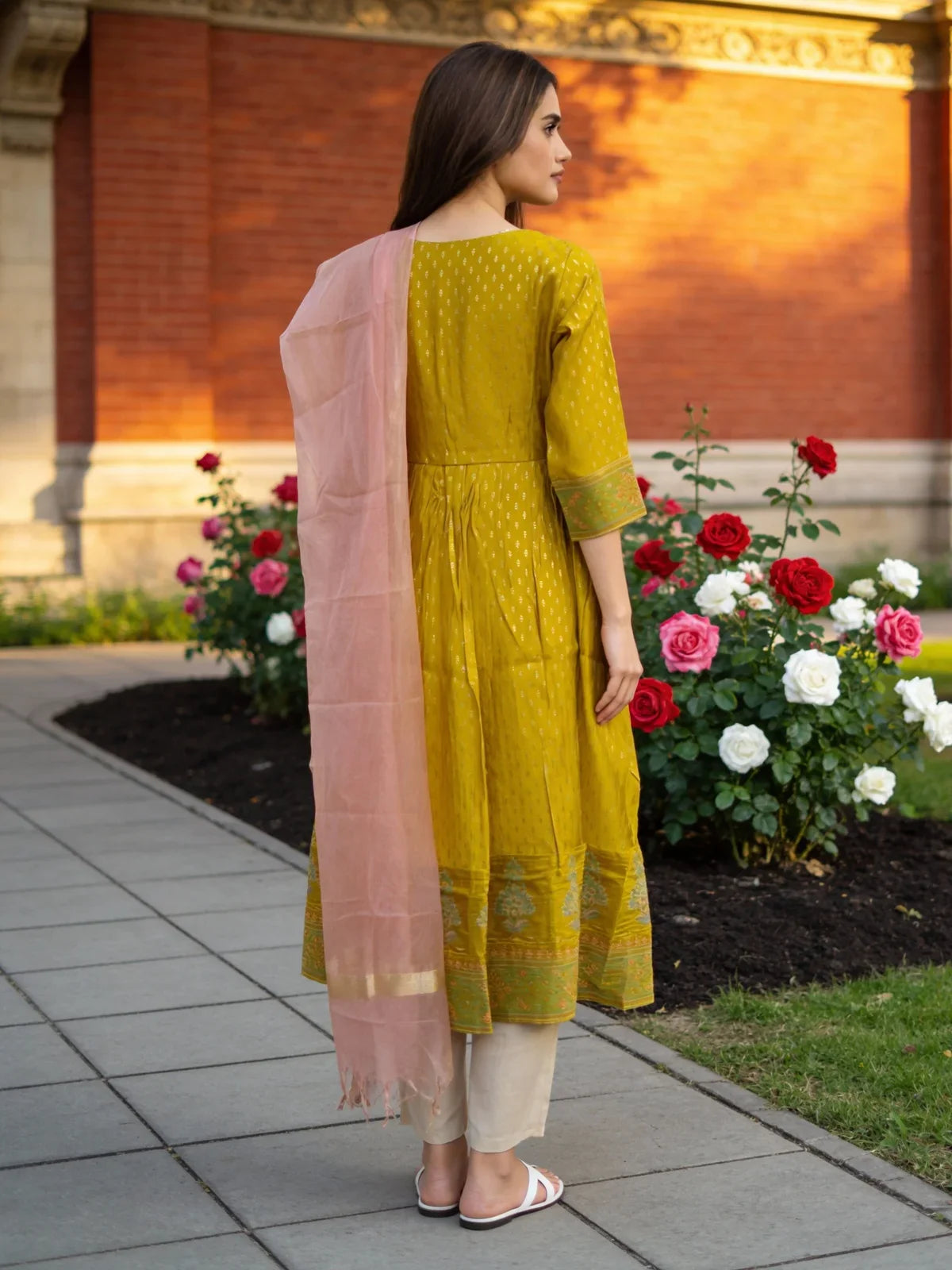 Buy Poly Viscose Embroidered Anarkali Calf Length Kurta and Pant with Dupatta-Yellow