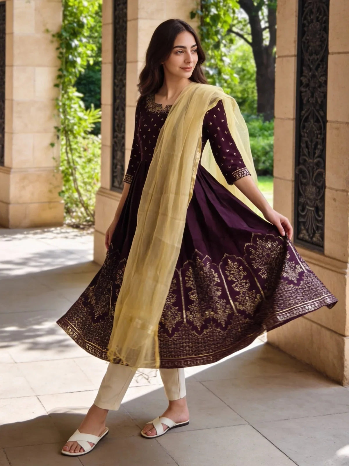 Buy Poly Viscose Embroidered Anarkali Calf Length Kurta and Pant with Dupatta-Wine