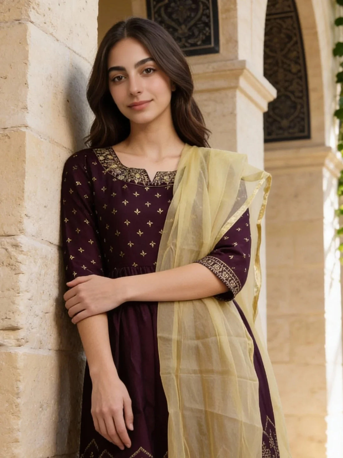 Buy Poly Viscose Embroidered Anarkali Calf Length Kurta and Pant with Dupatta-Wine