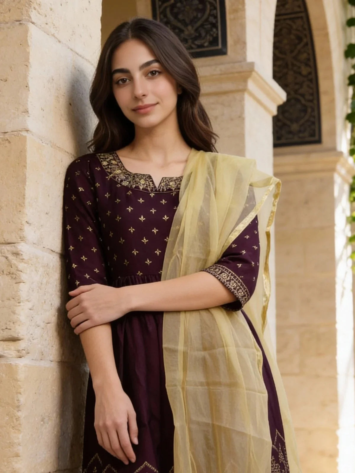 Buy Poly Viscose Embroidered Anarkali Calf Length Kurta and Pant with Dupatta-Wine