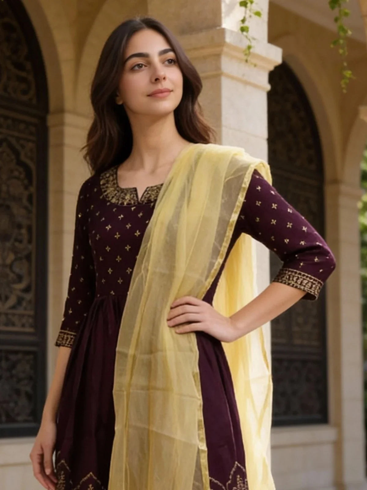 Buy Poly Viscose Embroidered Anarkali Calf Length Kurta and Pant with Dupatta-Wine