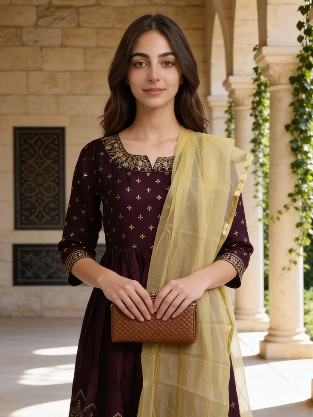 Buy Poly Viscose Embroidered Anarkali Calf Length Kurta and Pant with Dupatta-Wine