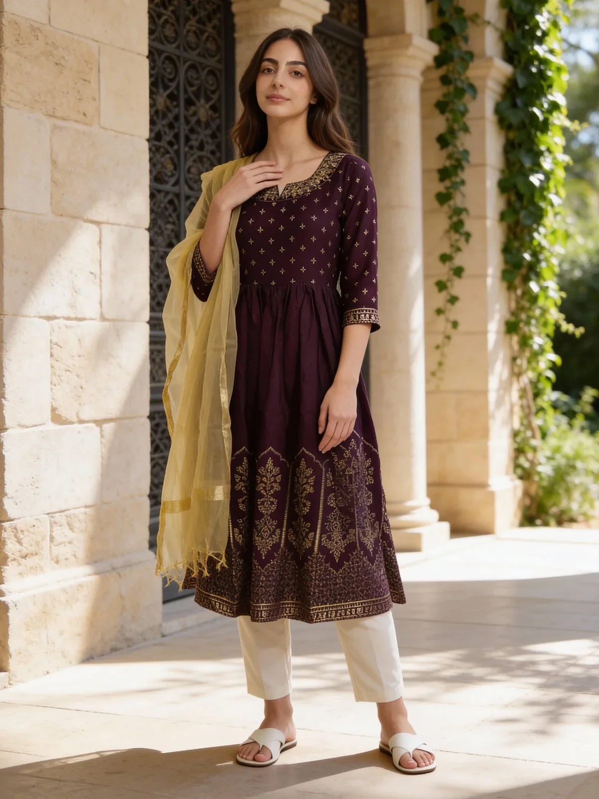 Buy Poly Viscose Embroidered Anarkali Calf Length Kurta and Pant with Dupatta-Wine
