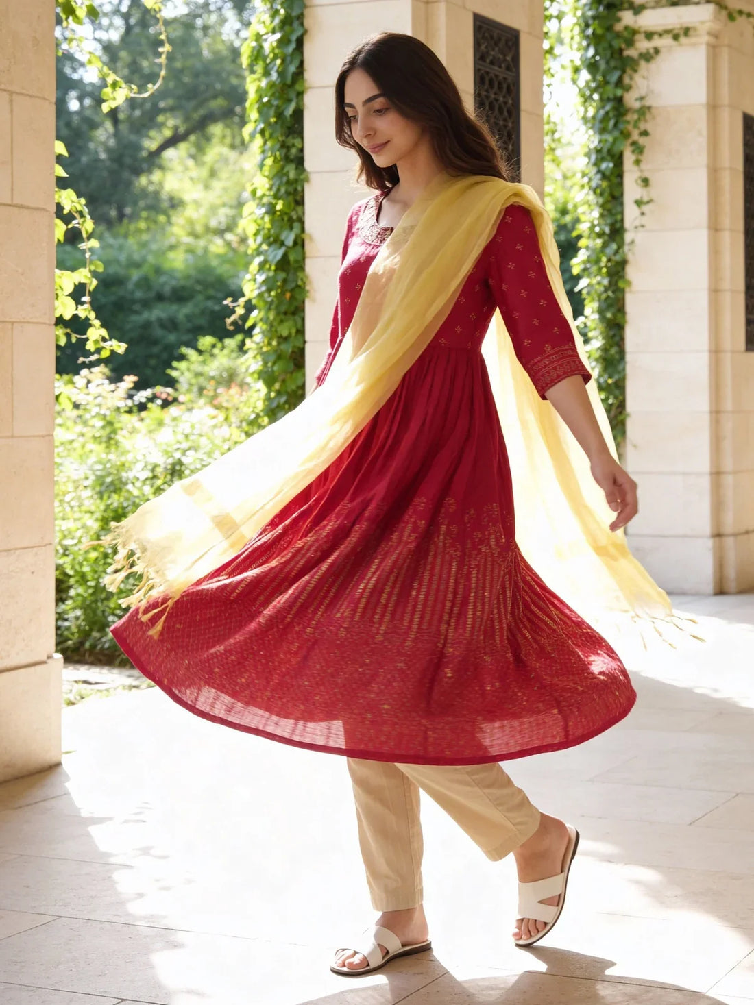 Buy Poly Viscose Embroidered Anarkali Calf Length Kurta and Pant with Dupatta-Fuchsia