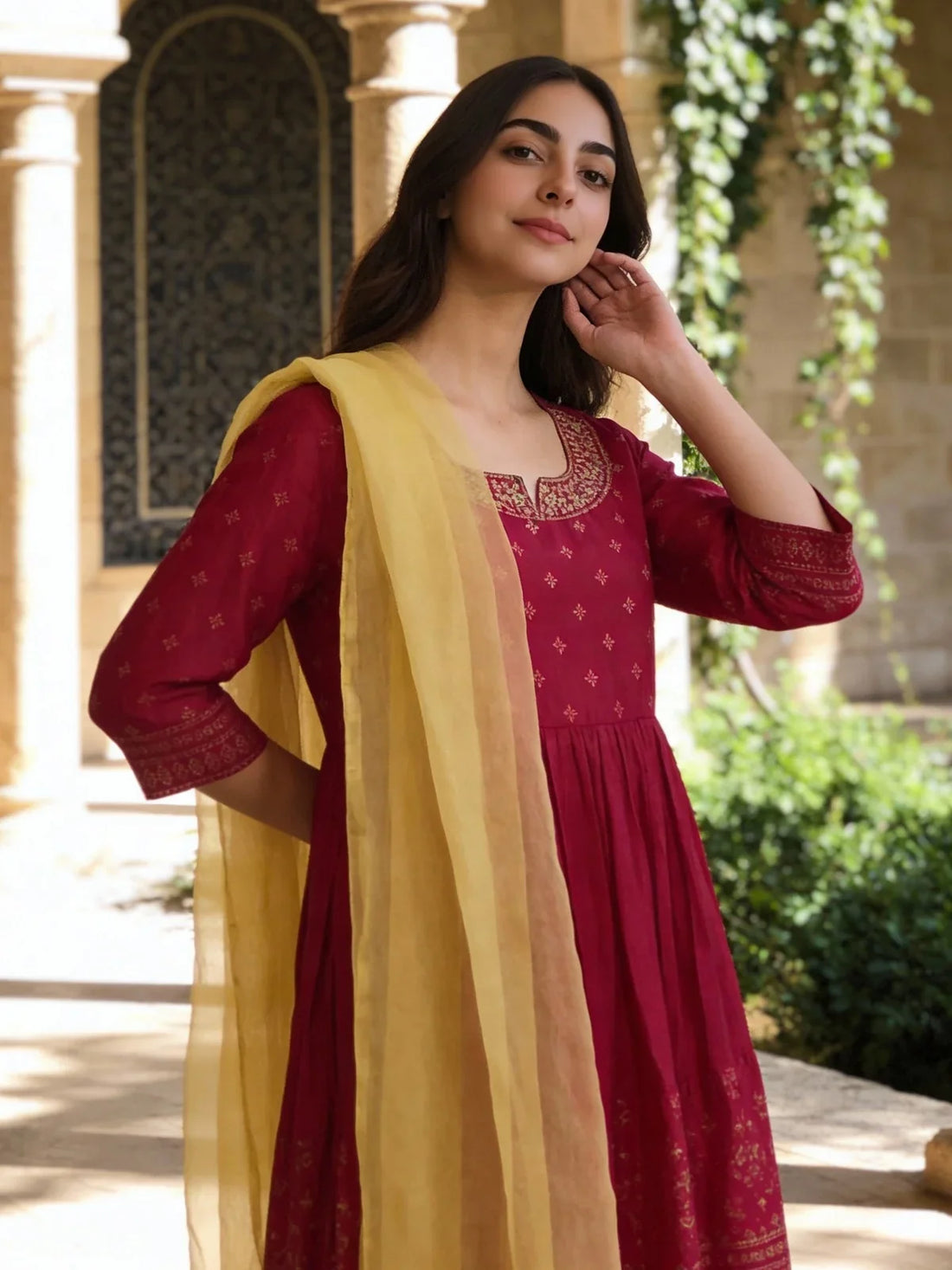 Buy Poly Viscose Embroidered Anarkali Calf Length Kurta and Pant with Dupatta-Fuchsia