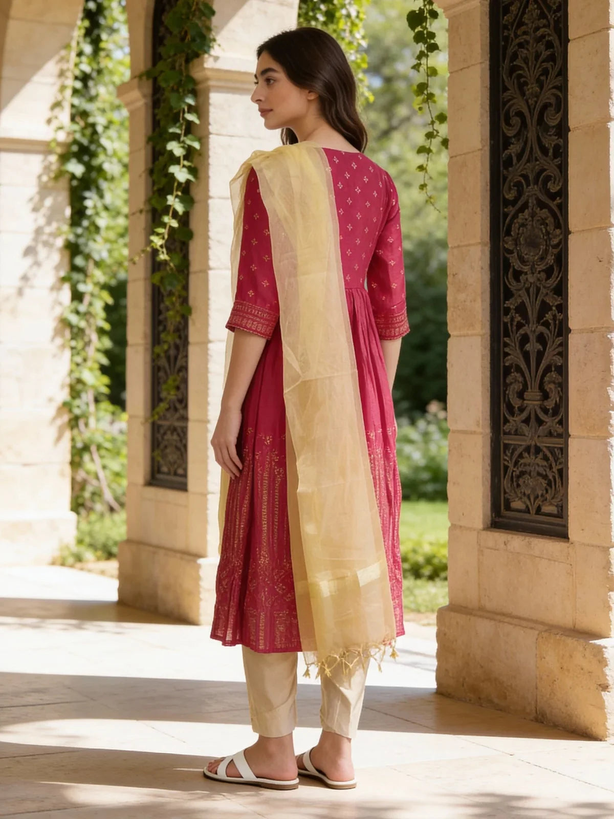 Buy Poly Viscose Embroidered Anarkali Calf Length Kurta and Pant with Dupatta-Fuchsia