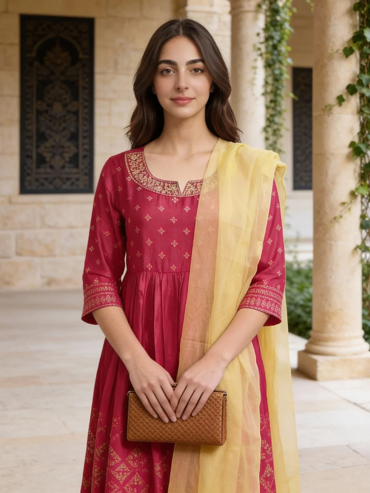 Buy Poly Viscose Embroidered Anarkali Calf Length Kurta and Pant with Dupatta-Fuchsia