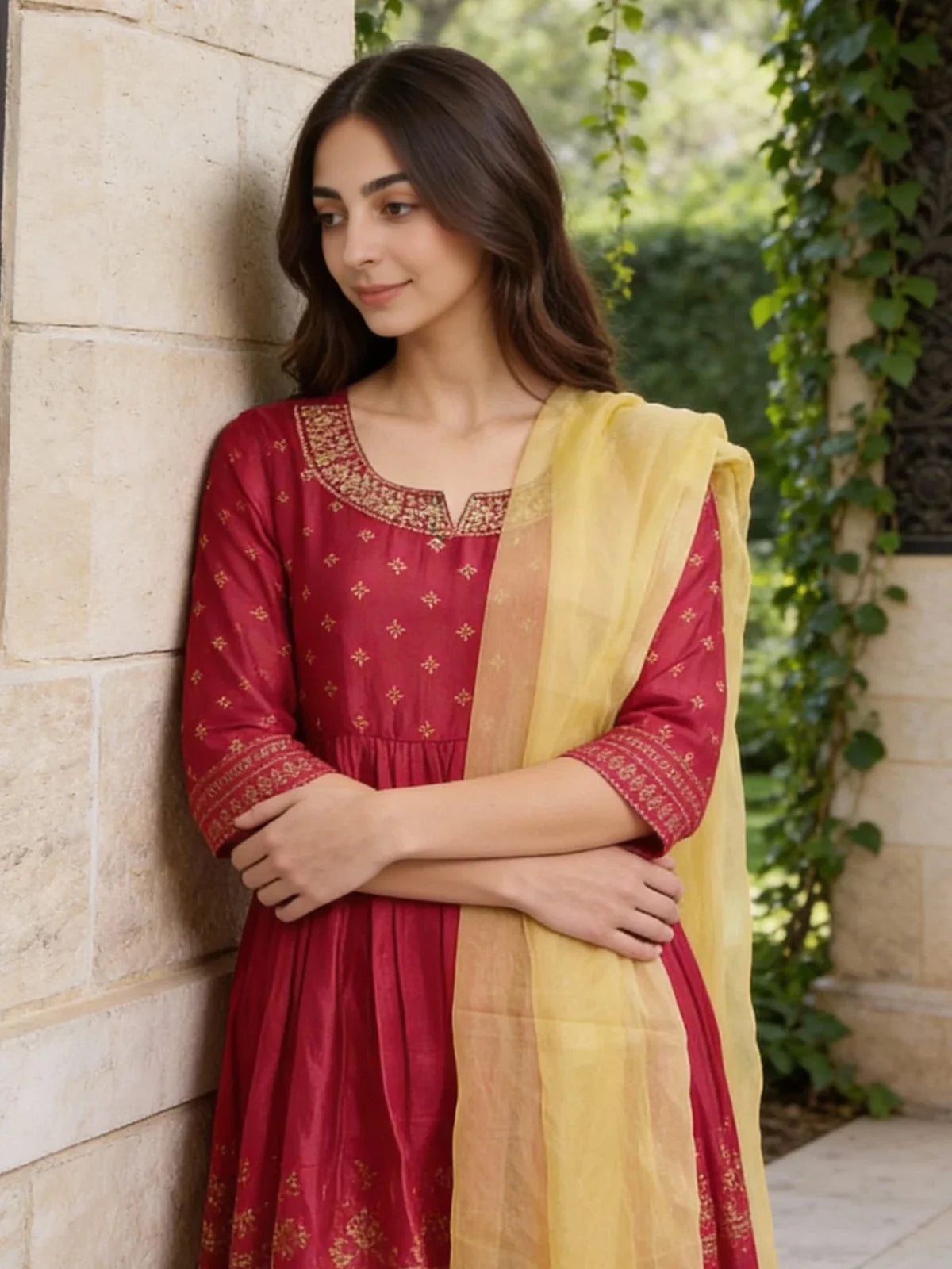 Buy Poly Viscose Embroidered Anarkali Calf Length Kurta and Pant with Dupatta-Fuchsia