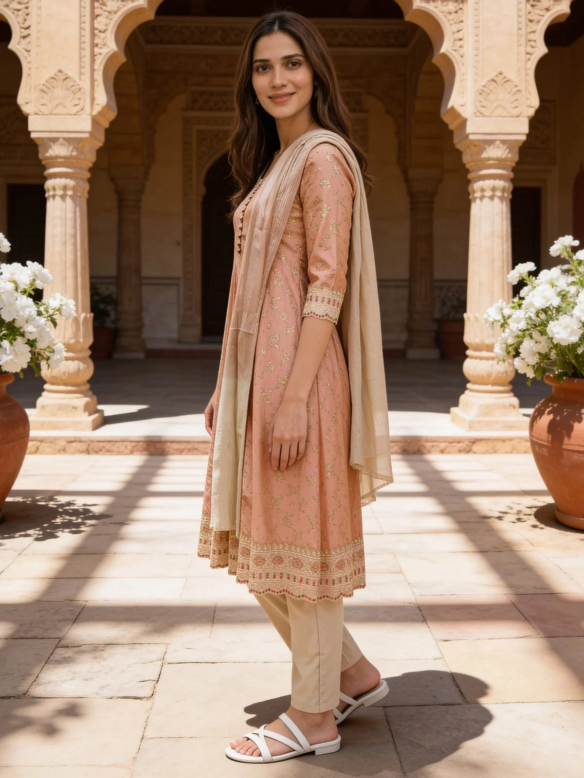 Buy Peach Poly Viscose Embroidered Anarkali Calf Length Kurta With Pant and Dupatta-Peach