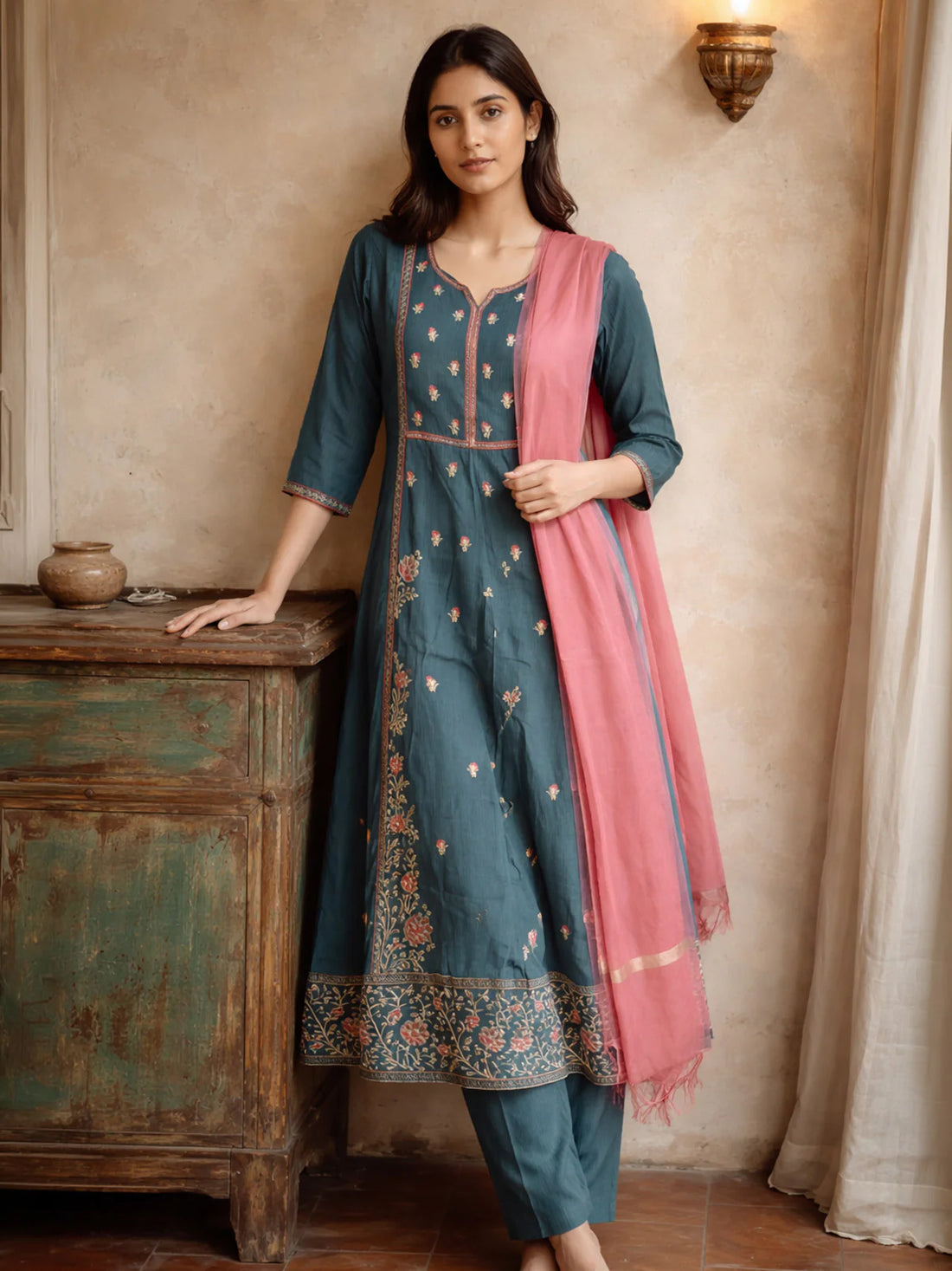 Buy Poly Viscose Embroidered Anarkali Calf Length Kurta with Pant and Dupatta-Green