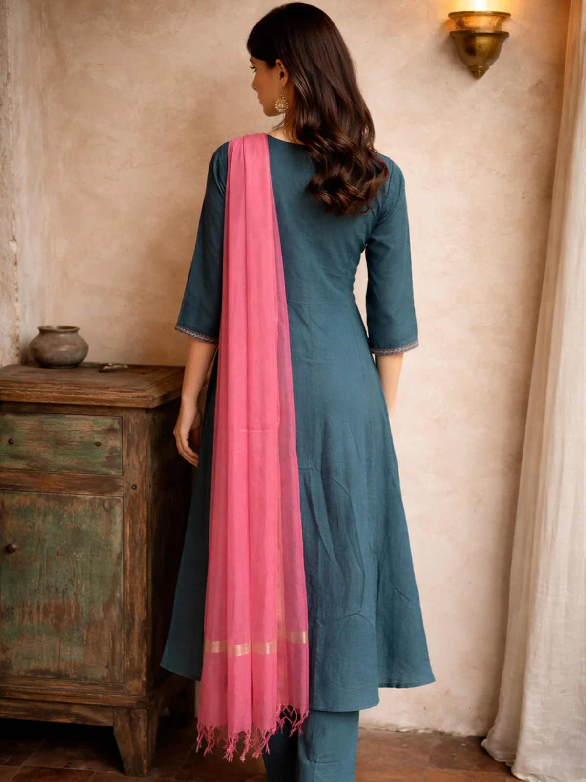 Buy Poly Viscose Embroidered Anarkali Calf Length Kurta with Pant and Dupatta-Green