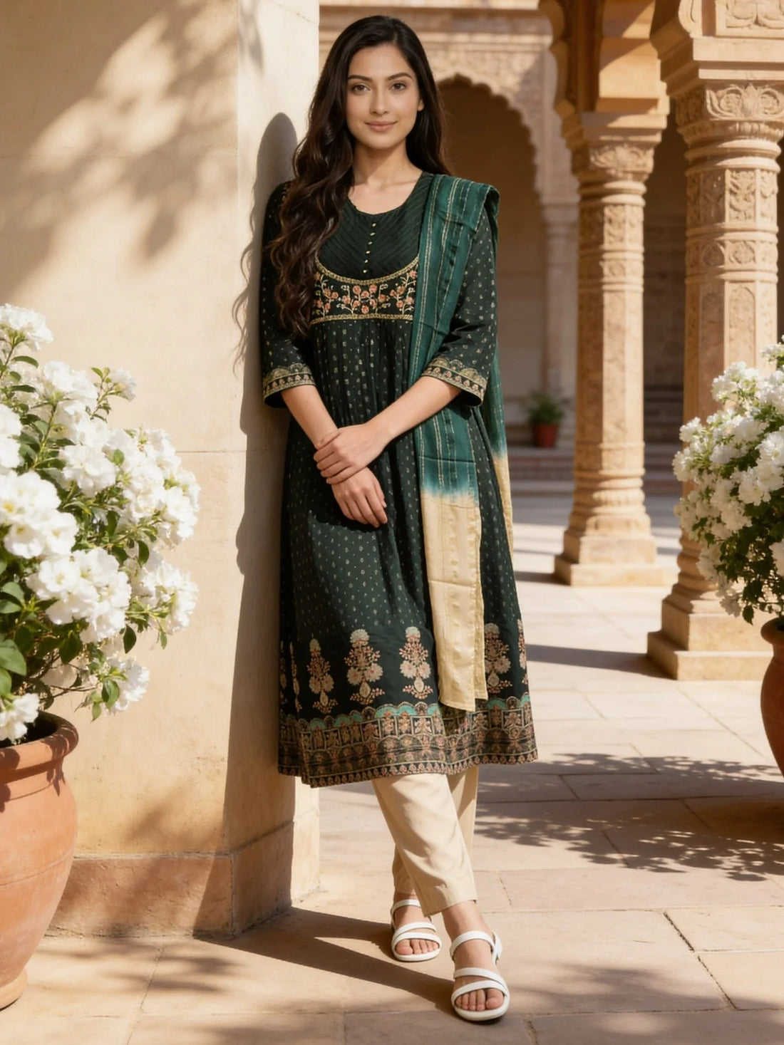 Buy Bottle Green Poly Viscose Embroidered Anarkali Calf Length Kurta With Pant and Dupatta-Bottle Green